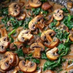 Sautéed spinach with mushrooms and onions served in a bowl