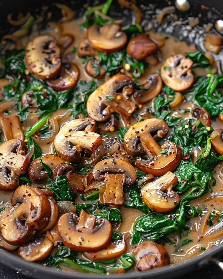 Sautéed spinach with mushrooms and onions served in a bowl