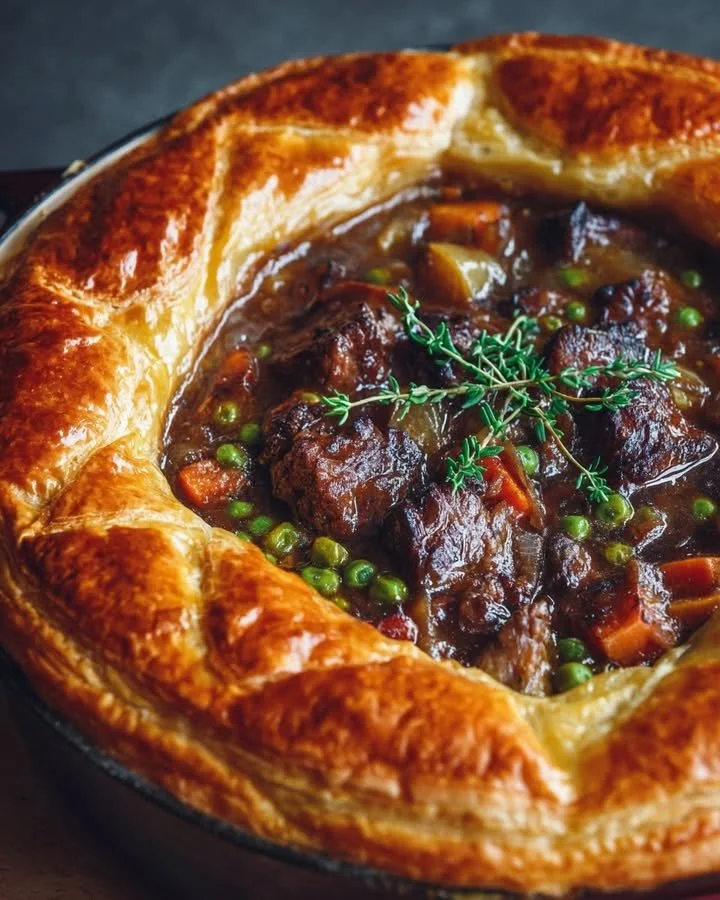 Savory beef pastry pie with vegetables inside flaky puff pastry