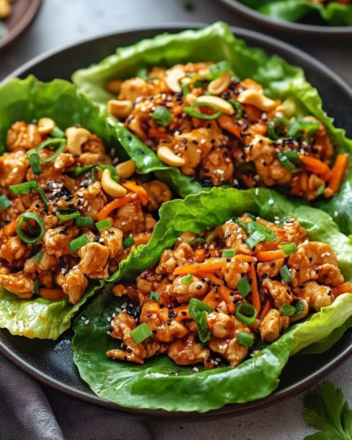Savory chicken lettuce wraps topped with Thai chili sauce on a plate.