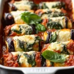 Savory eggplant roll-ups with creamy ricotta cheese and sautéed spinach