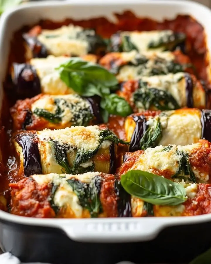 Savory eggplant roll-ups with creamy ricotta cheese and sautéed spinach