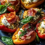 Savory orzo-stuffed peppers topped with crispy prosciutto and burrata cheese