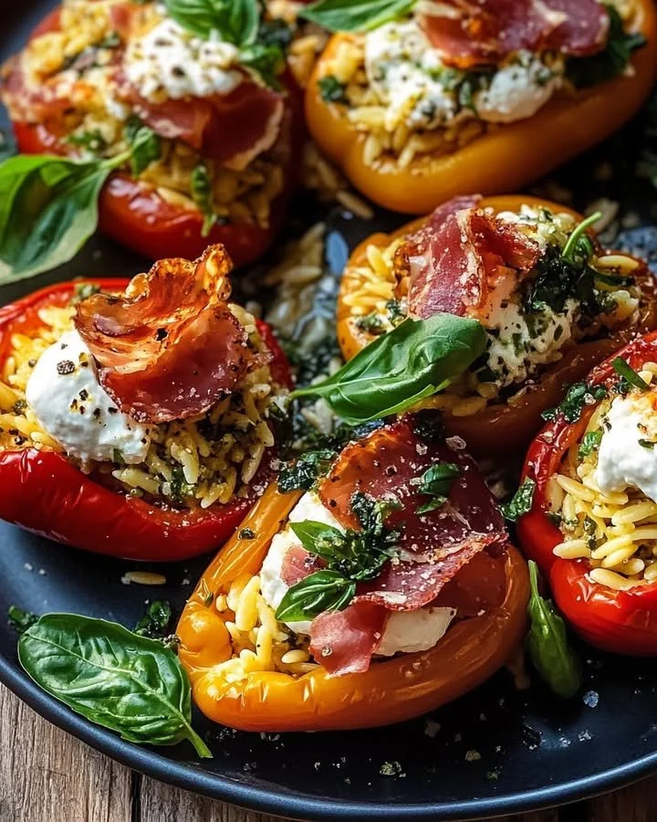 Savory orzo-stuffed peppers topped with crispy prosciutto and burrata cheese