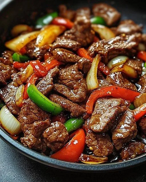 Savory pepper steak stir-fry with bell peppers and onions on a plate