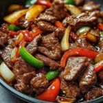 Savory pepper steak stir-fry with bell peppers and onions on a plate