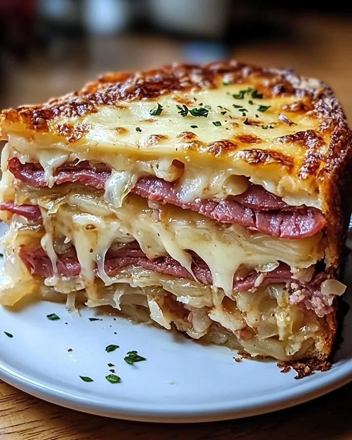 Savory Reuben Bake with melted cheese and corned beef in a casserole dish