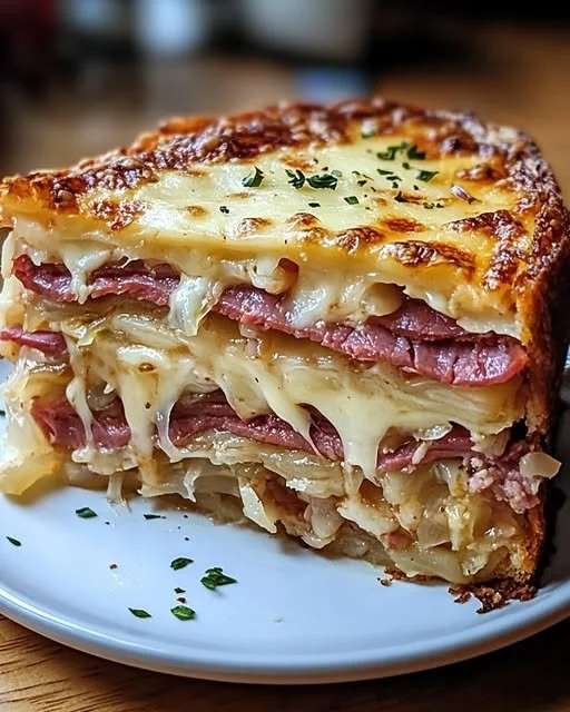 Savory Reuben Bake casserole with layers of corned beef, sauerkraut, and cheese