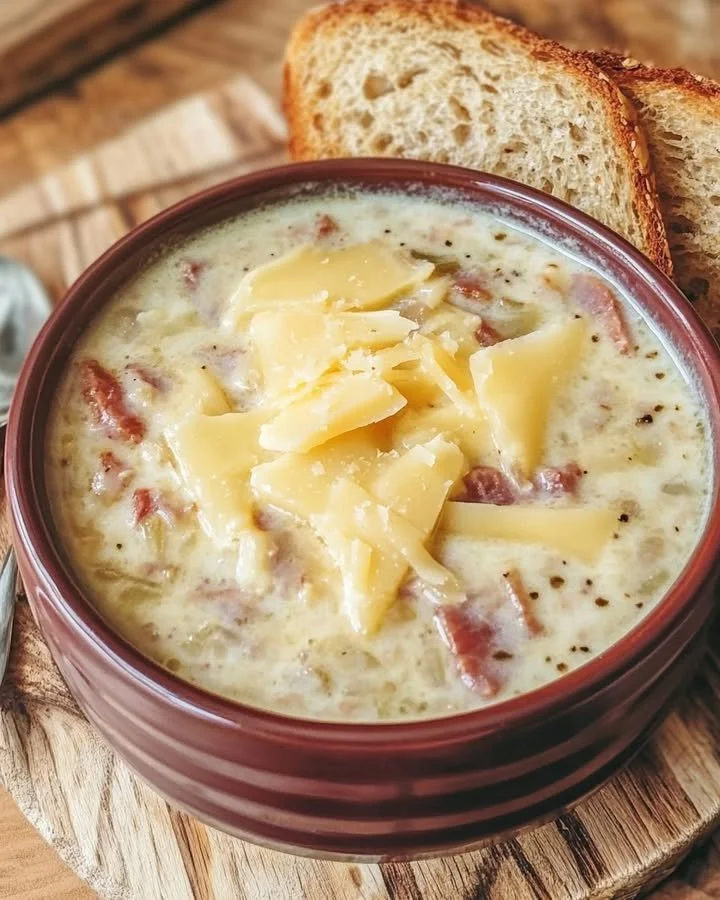 A bowl of savory Reuben Soup garnished with herbs and ingredients.