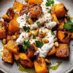 Savory roasted pumpkin topped with creamy lemon yogurt and crunchy pine nuts