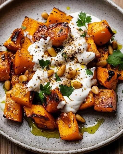 Savory roasted pumpkin topped with creamy lemon yogurt and crunchy pine nuts