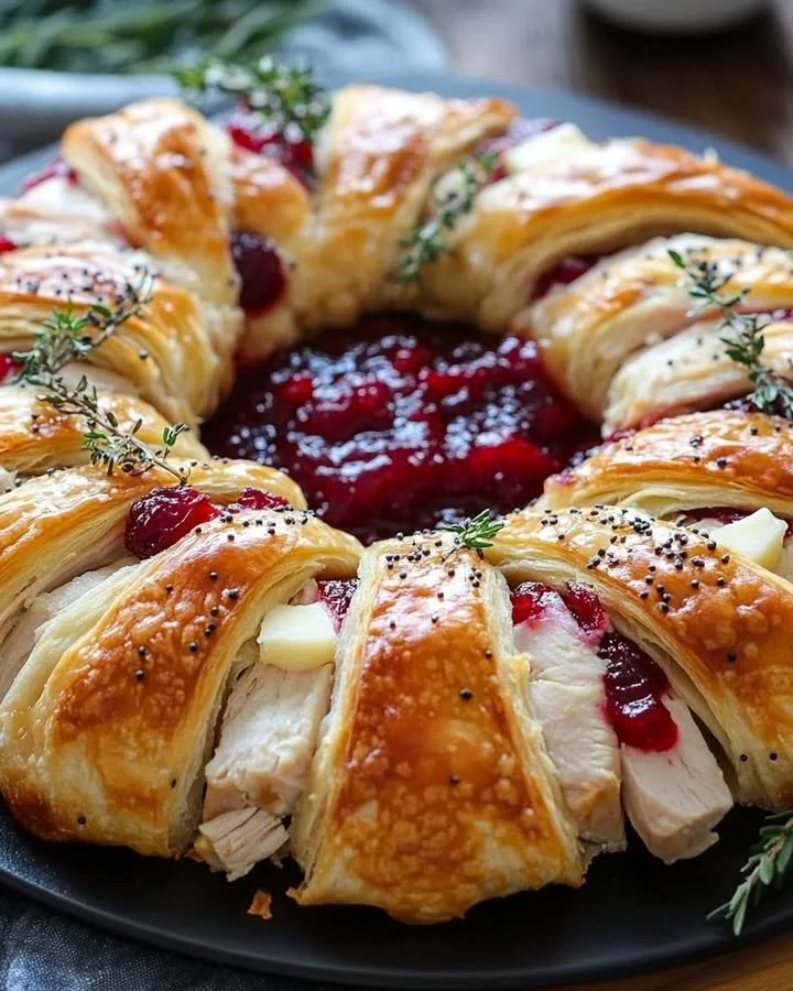 Savory Turkey and Cranberry Crescent Ring on a platter