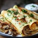 Savory Turkey and Swiss Crepes topped with herbs and served on a plate