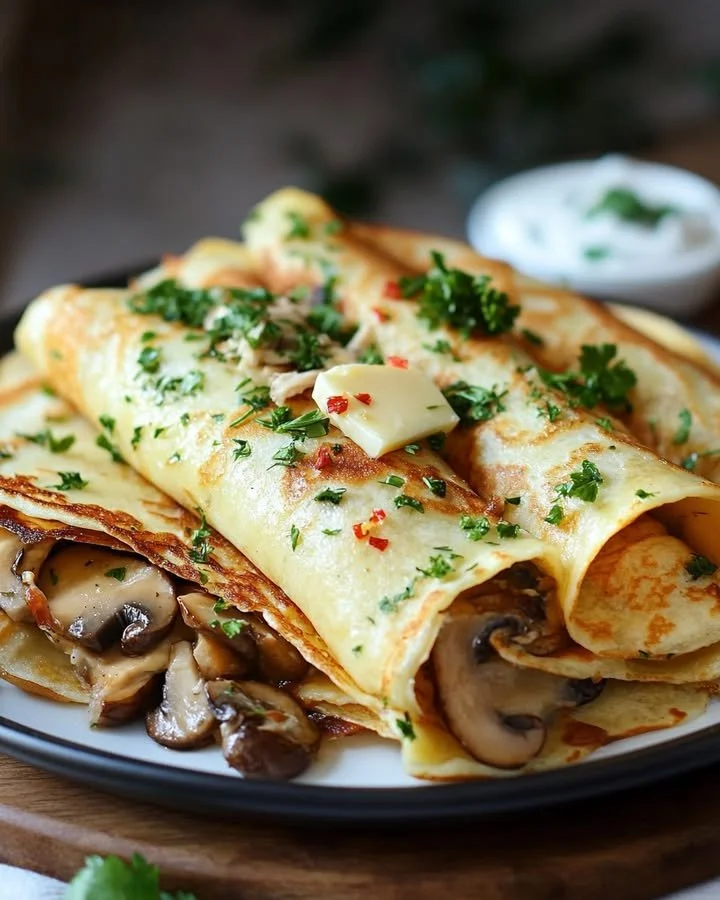 Savory Turkey and Swiss Crepes topped with herbs and served on a plate