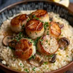 Delicious Scallops and Mushroom Risotto served in a bowl.
