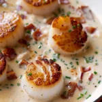 Delicious scallops topped with a rich bacon cream sauce on a plate.