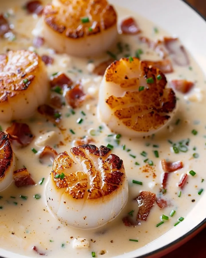 Delicious scallops topped with a rich bacon cream sauce on a plate.