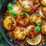 Pan-seared scallops cooked with Thai basil and chili, garnished on a plate.