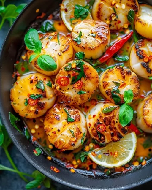 Pan-seared scallops cooked with Thai basil and chili, garnished on a plate.