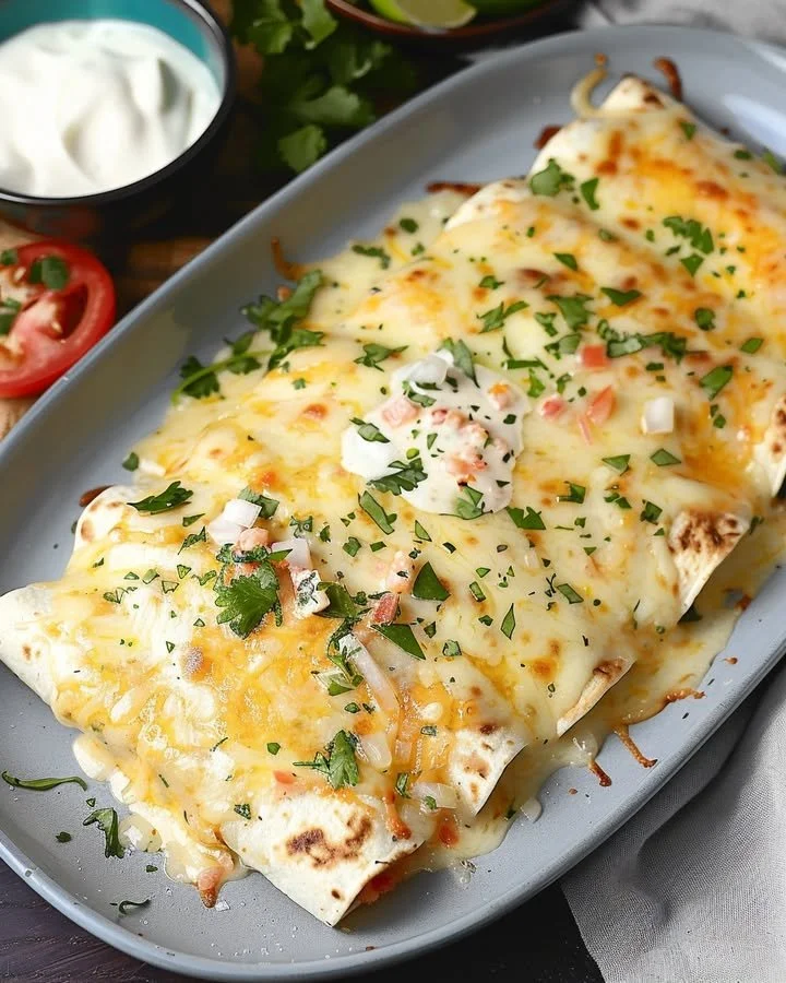 Deliciously prepared seafood enchiladas topped with fresh sauces and garnishes