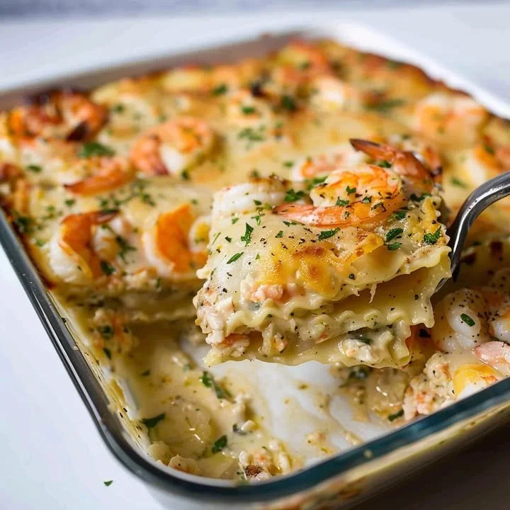 Delicious layers of seafood lasagna with shrimp, crab, and creamy sauce