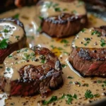 Seared filet mignon topped with shallot peppercorn cream sauce on a plate.