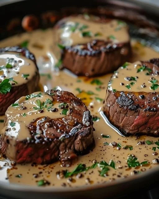Seared filet mignon topped with shallot peppercorn cream sauce on a plate.