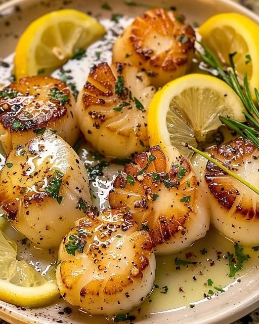 Plate of seared lemon-garlic scallops garnished with herbs and lemon slices