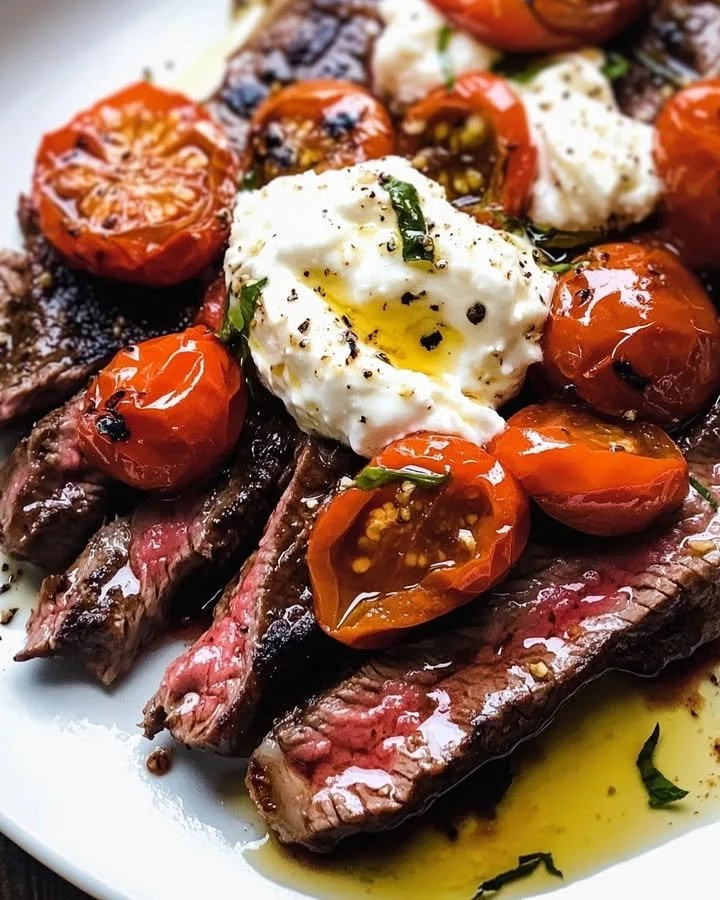 Seared skirt steak served with garlic blistered tomatoes and creamy burrata.