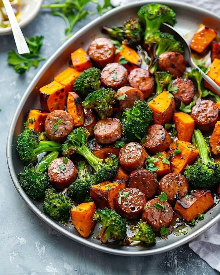 Delicious sheet pan sausage and sweet potatoes meal on a serving dish.