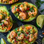 Shrimp-stuffed avocados topped with fresh ingredients on a plate
