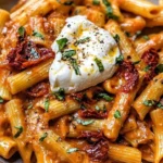 Silky red pepper pasta topped with burrata and sun-dried tomatoes