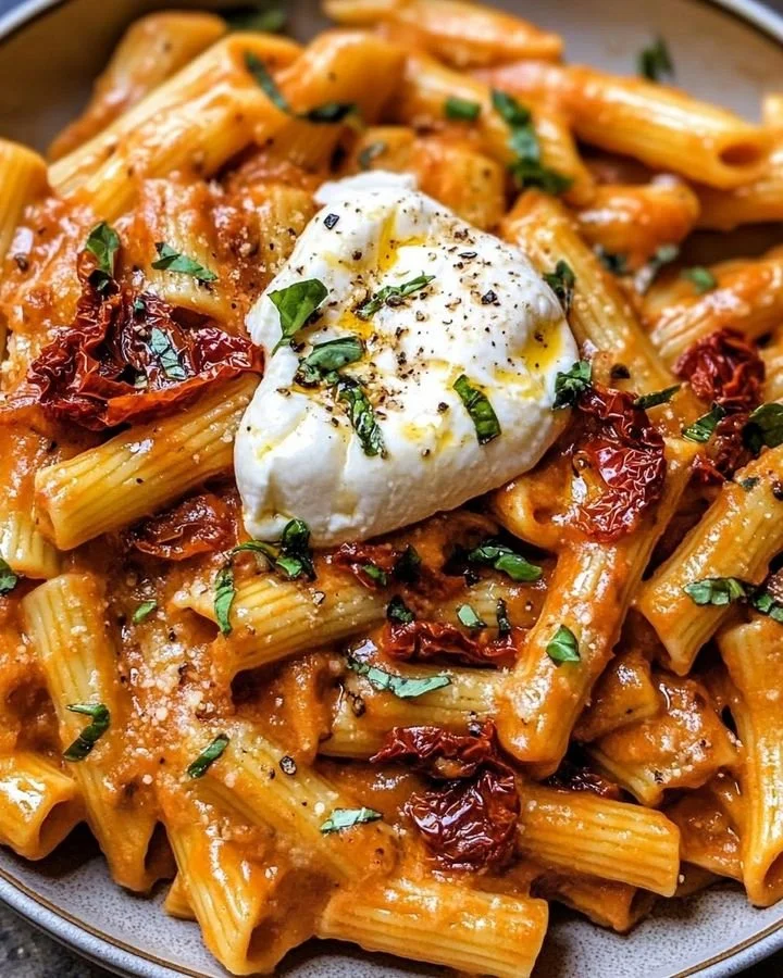 Silky red pepper pasta topped with burrata and sun-dried tomatoes