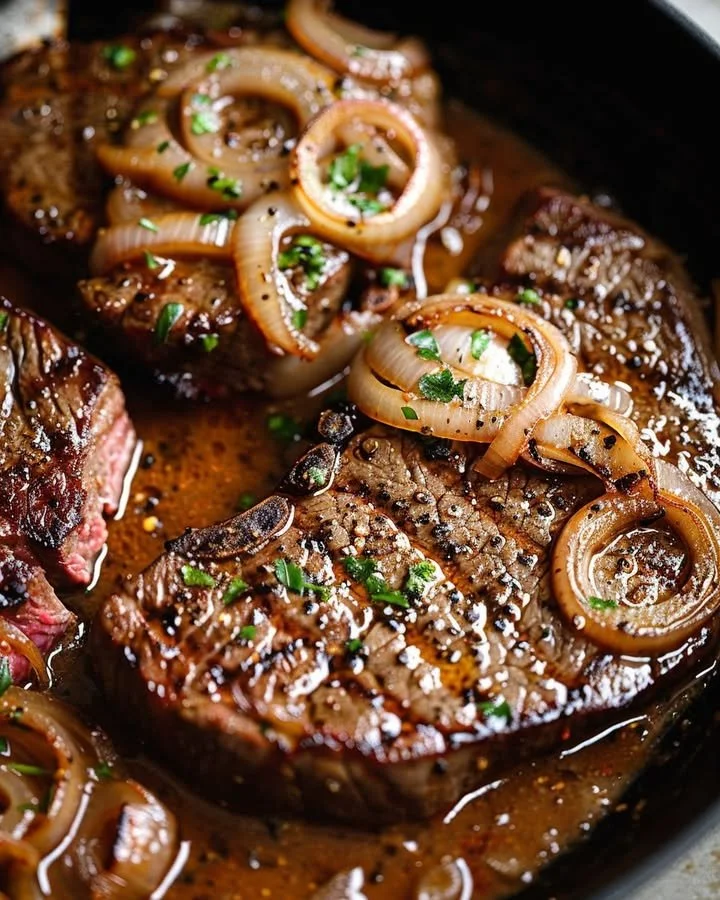 Sirloin steaks served with caramelized onion cream sauce on a plate