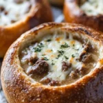 Hearty sirloin stew in a cheesy sourdough bowl garnished with fresh herbs.