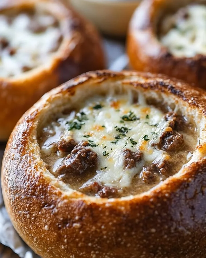 Hearty sirloin stew in a cheesy sourdough bowl garnished with fresh herbs.