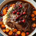 Slow-braised beef roast with cranberry balsamic glaze served on a plate.