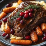 Slow-braised beef roast drizzled with cranberry balsamic glaze on a serving platter