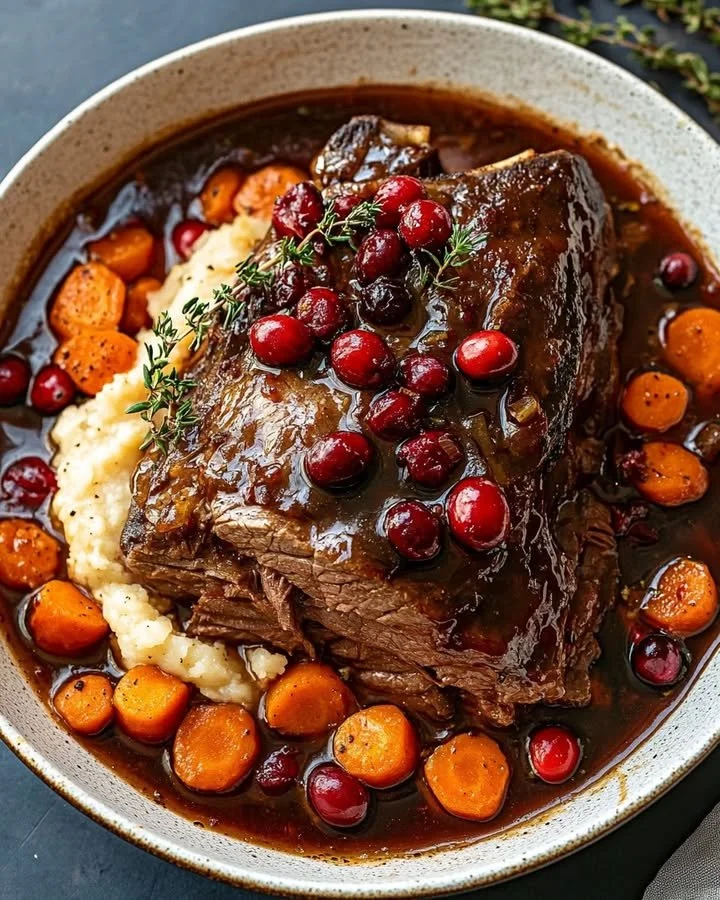 Slow-braised beef roast with cranberry balsamic glaze served on a plate