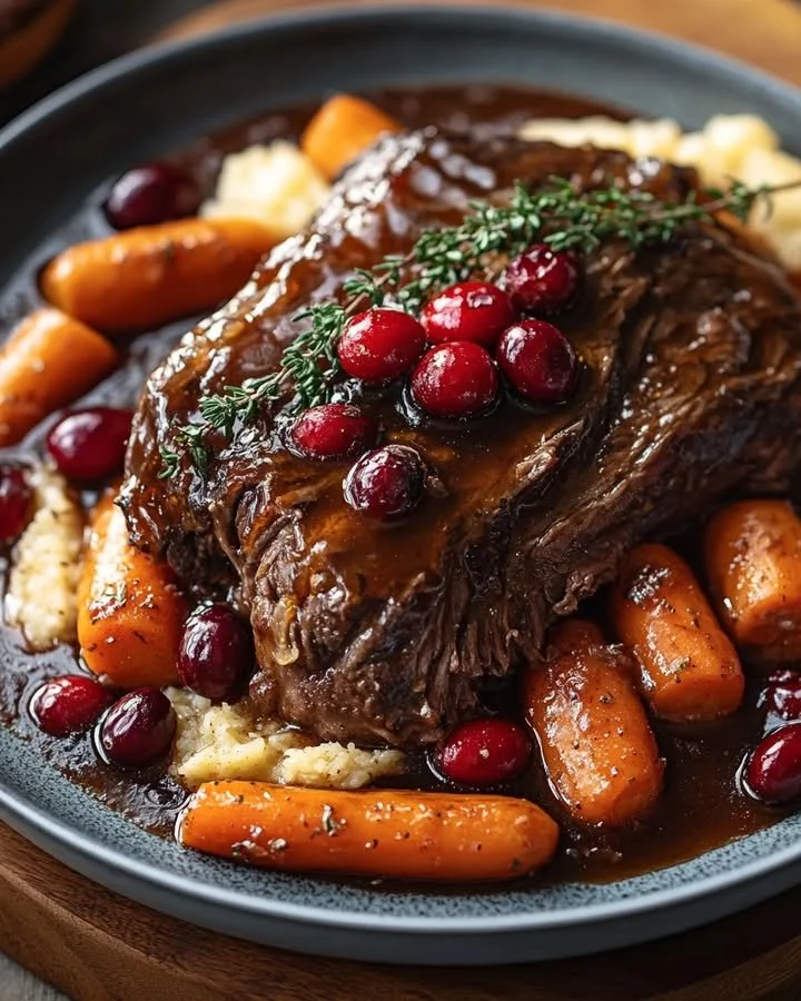 Slow-braised beef roast with cranberry balsamic glaze served on a plate