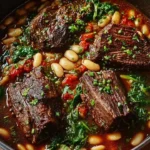 Slow-braised beef short ribs served with butter beans and spinach in a bowl
