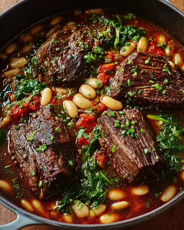 Slow-braised beef short ribs served with butter beans and spinach in a bowl