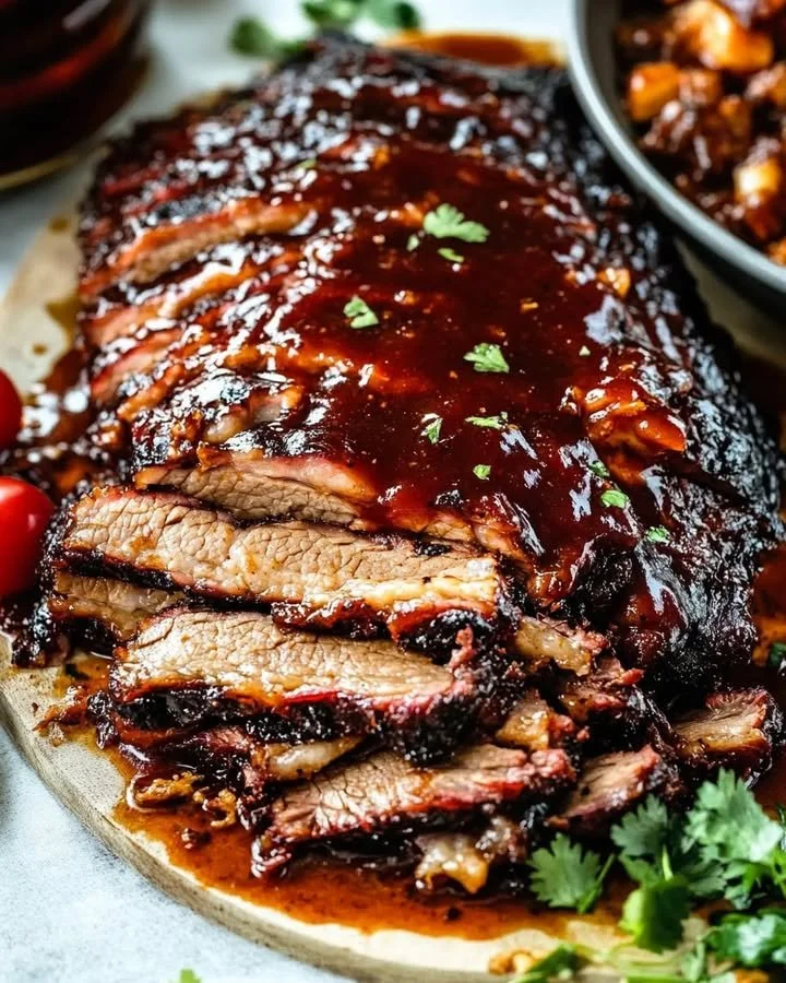 Delicious slow-cooked barbecue brisket with homemade barbecue sauce