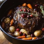 Slow-cooked cranberry pot roast served with vegetables on a platter.