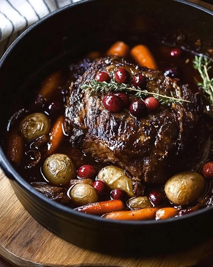Slow-cooked cranberry pot roast served with vegetables on a platter.