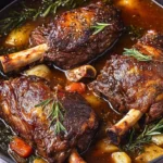 Slow-cooked lamb shanks with rich herb-infused gravy served on a plate