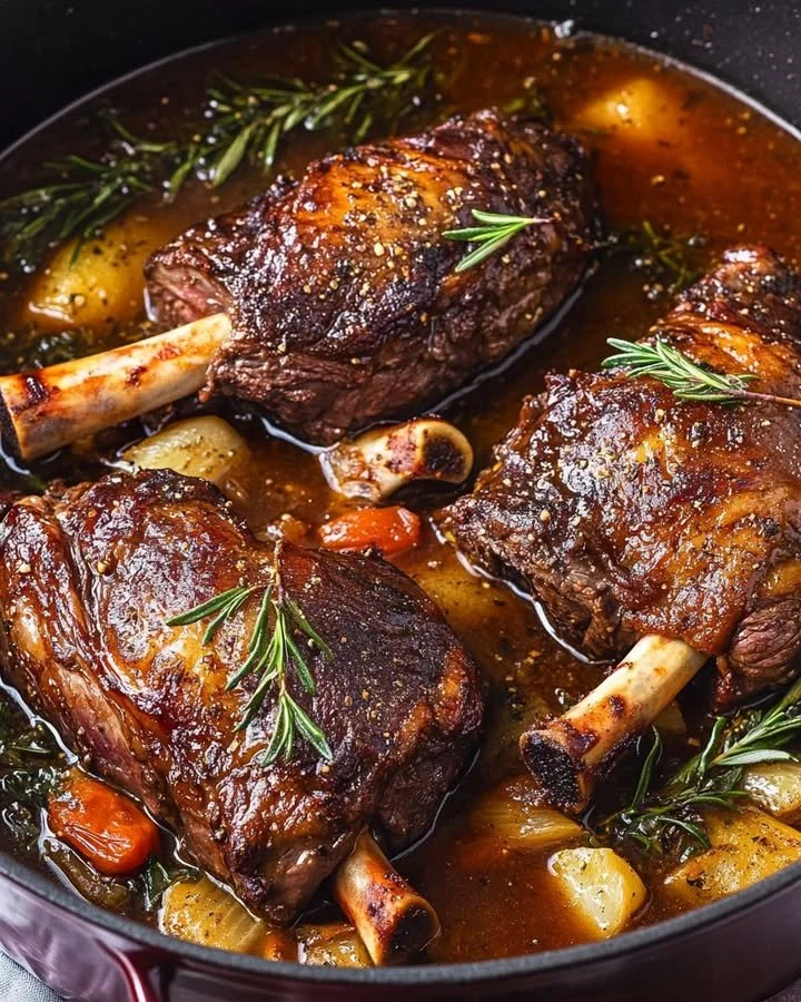Slow-cooked lamb shanks with rich herb-infused gravy served on a plate