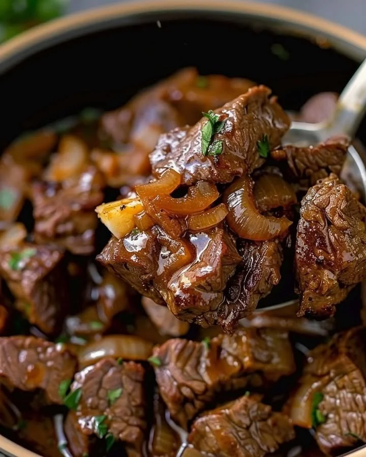 Succulent slow-cooked sirloin bites served in a savory sauce.