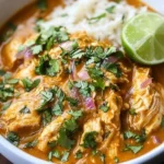 Bowl of slow cooker coconut curry chicken with vegetables and rice