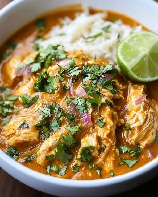 Bowl of slow cooker coconut curry chicken with vegetables and rice